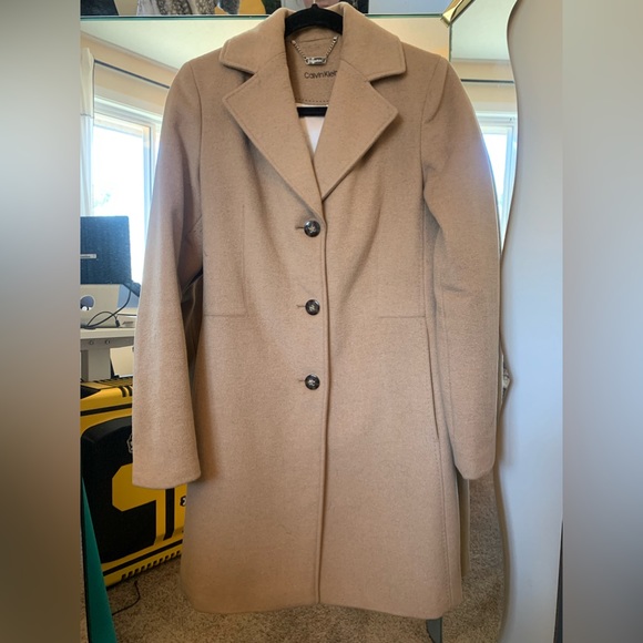 Calvin Klein Wool-Blend Button Front Coat in Camel size 2 - Picture 3 of 15
